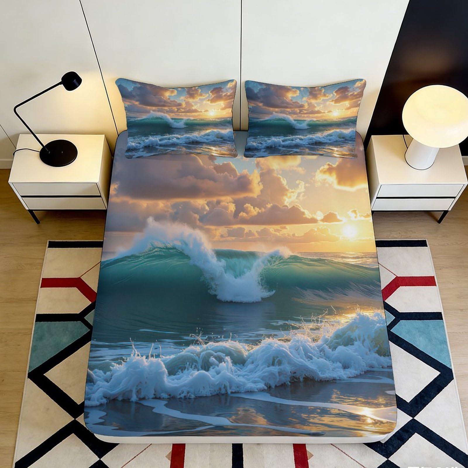 3D Printed Ocean Sunrise Fitted Sheet Microfiber Soft Breathable Wave Bed Cover for Bedroom Dorm Mattress Protection Decor 90x200x25cm