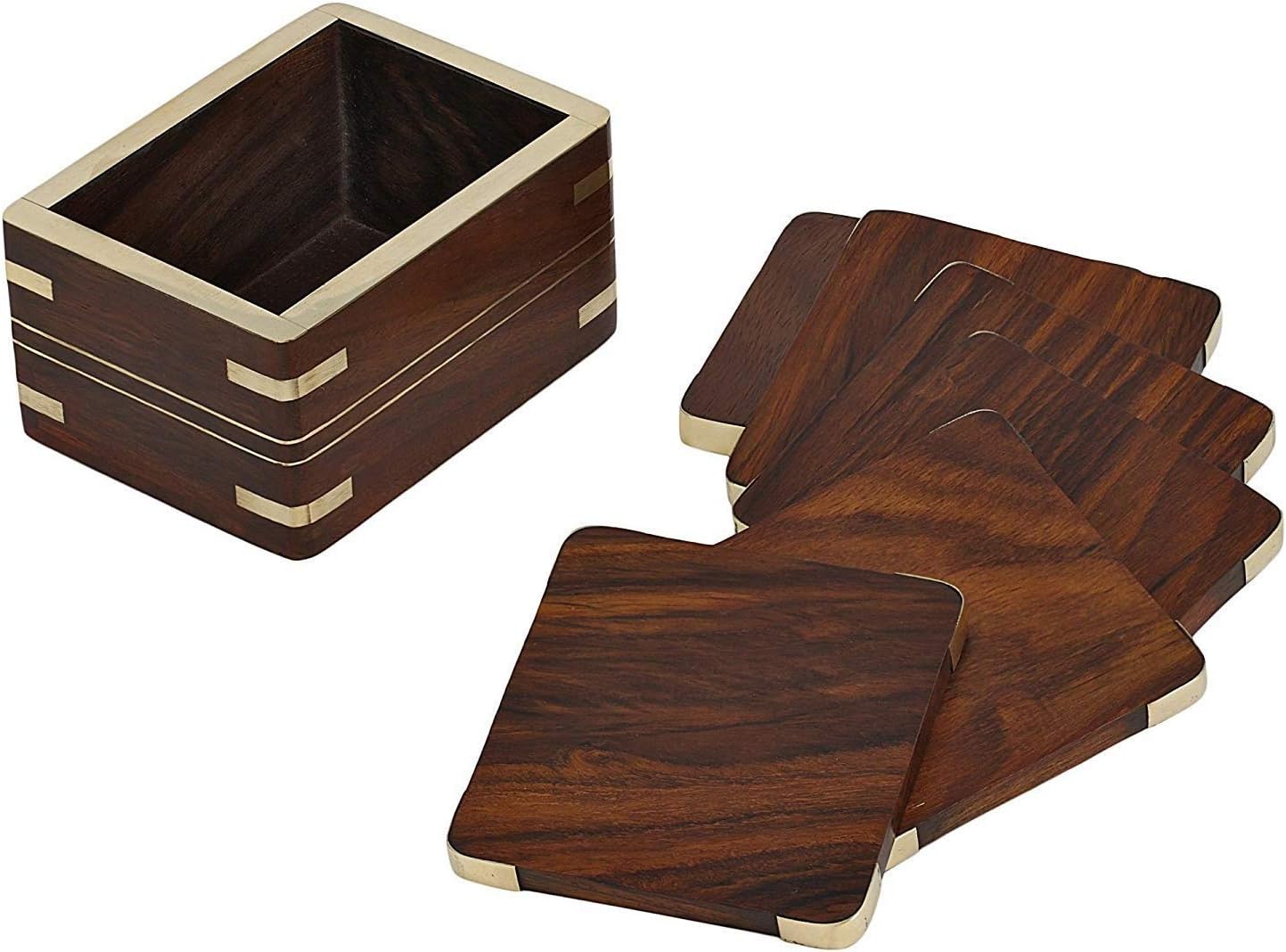 Wooden Drink Coasters Wood Table Coaster Set of 6 for Tea Cups Coffee Mugs Beer Cans Bar Tumblers and Water Glasses with fine Brass Work