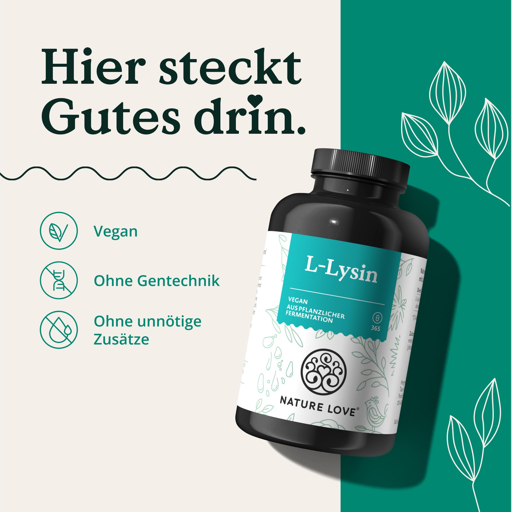 NATURE LOVE® L-Lysin - 365 vegane Kapseln - 1000mg L-Lysin HCL pro Tagesdosis - Lysin aus pflanzlicher Fermentation - 6 Monate Reichweite - Laborgeprüft, ohne Zusätze und in Deutschland produziert