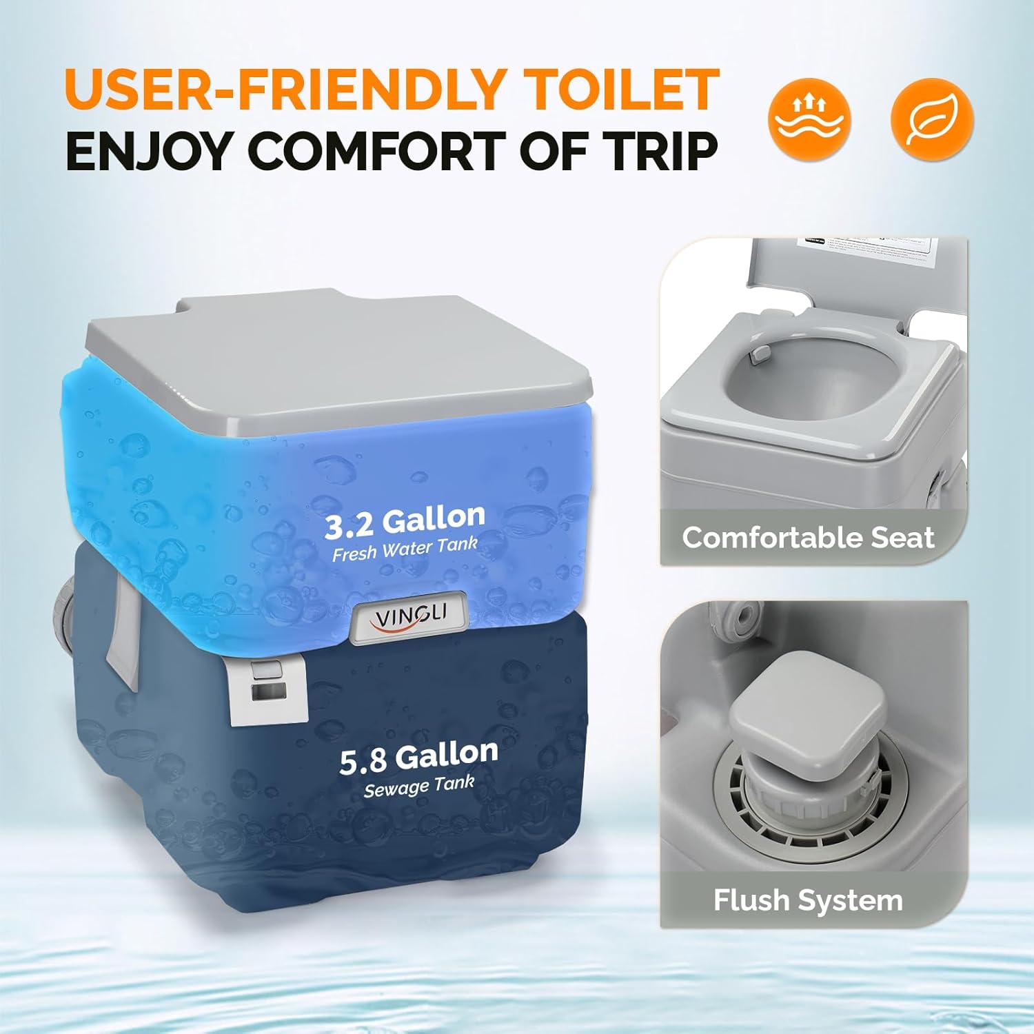 VINGLI Portable Toilet for Camping, 5.8 Gallon Capacity with Carry Bag, Camping Toilet with Detachable Waste Tank for Adult, Heavy Duty HDPE Construction for Outdoor Travel (Grey, 5.8 Gal)