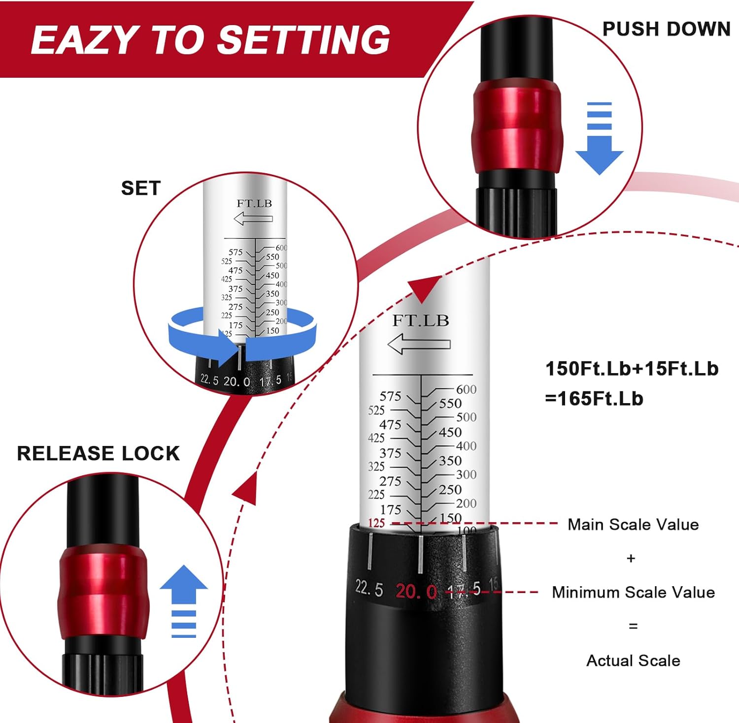 3/4 Torque Wrench, 100-600ft.lb/135.5-815Nm Dual-Direction Adjustable High Accuracy Torque Wrench 3/4 Drive, ±3% Click with Buckle for Car Trucks Oil Rigs Off-Road Equipment