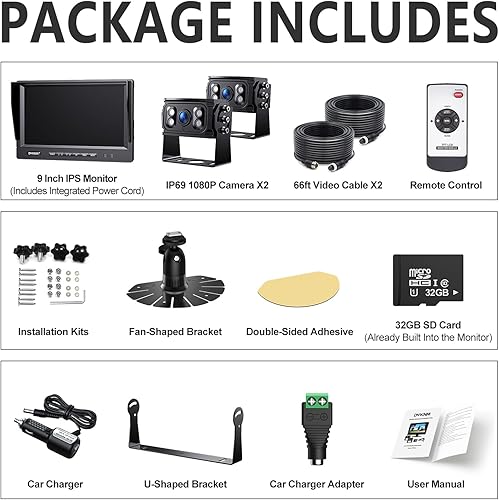 Miniatura 6 de Ultimate 9" AHD IPS Monitor 1080P HD DVR Grabación Dual Split Cámara de Respaldo Kit Completo para Coche Camión RV IP69 Cámara Impermeable Cámara