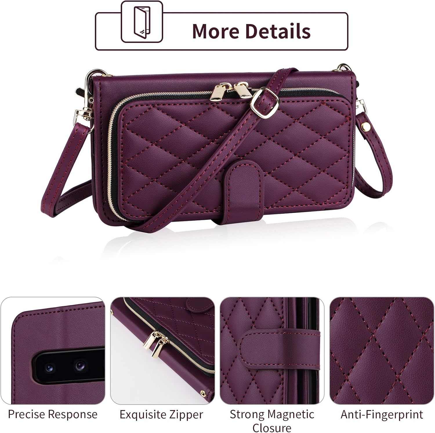 Wallet Case for Samsung Galaxy S10 Plus with Wrist Strap, Crossbody Shoulder Strap, Luxury PU Leather Stand Phone Cover with 9+ Card Slotsfor S10+ S10plus 10S Edge S 10 10plus Women Deep Purple