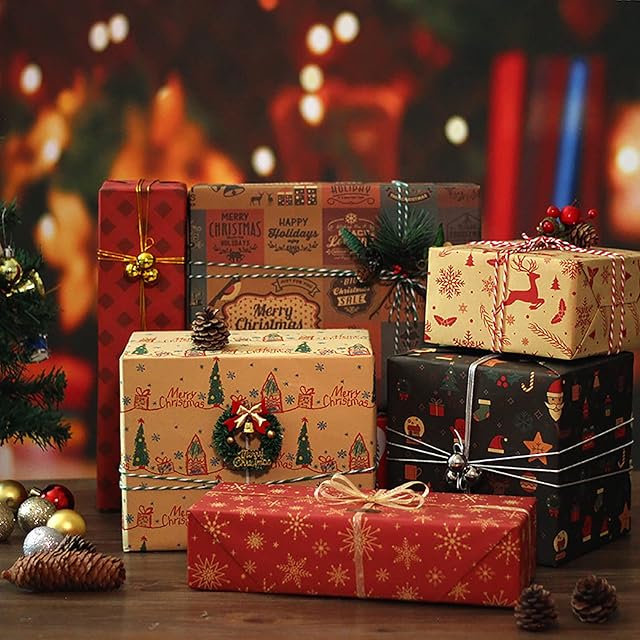 Christmas Gift Wrapping Paper with 10M Twine, Jsdoin 70cm X 50cm Christmas Kraft Gift Wrapping Paper with Santa Claus, Sleigh, Elk, Christmas Tree, Snowflakes Perfect for Christmas Gift