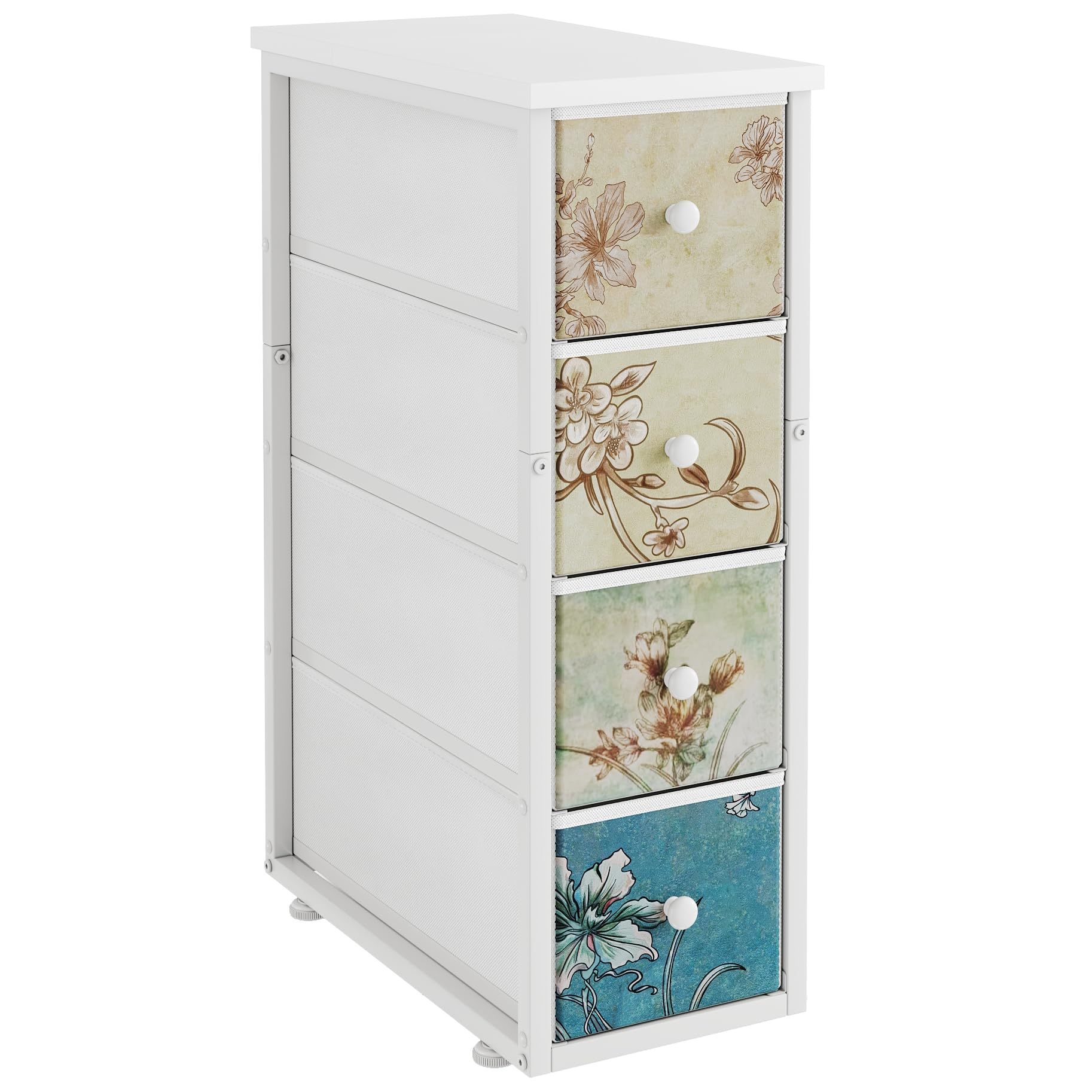 COTUBLR Chest of Drawers with 4 Drawers Tall Dresser for Bedroom Retro Floral Pattern Clothes Storage Organiser Unit for Living Room Entryway Closet Rustic
