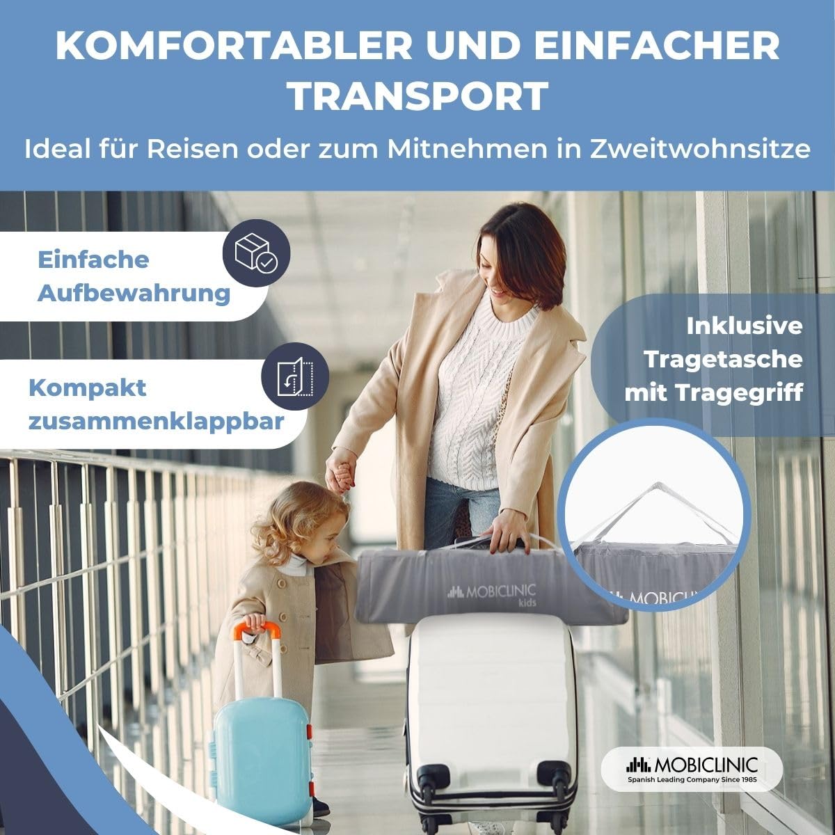 Mobiclinic®, Baby Laufgitter, 2 in 1, Reisebett, Tragetasche, Faltbar, Seitlicher Einstieg, Baby Laufgitter, 0-3 Jahre, Atmungsaktives Netz, 2 Räder mit Bremse, Herausnehmbare Matratze, Sleepland