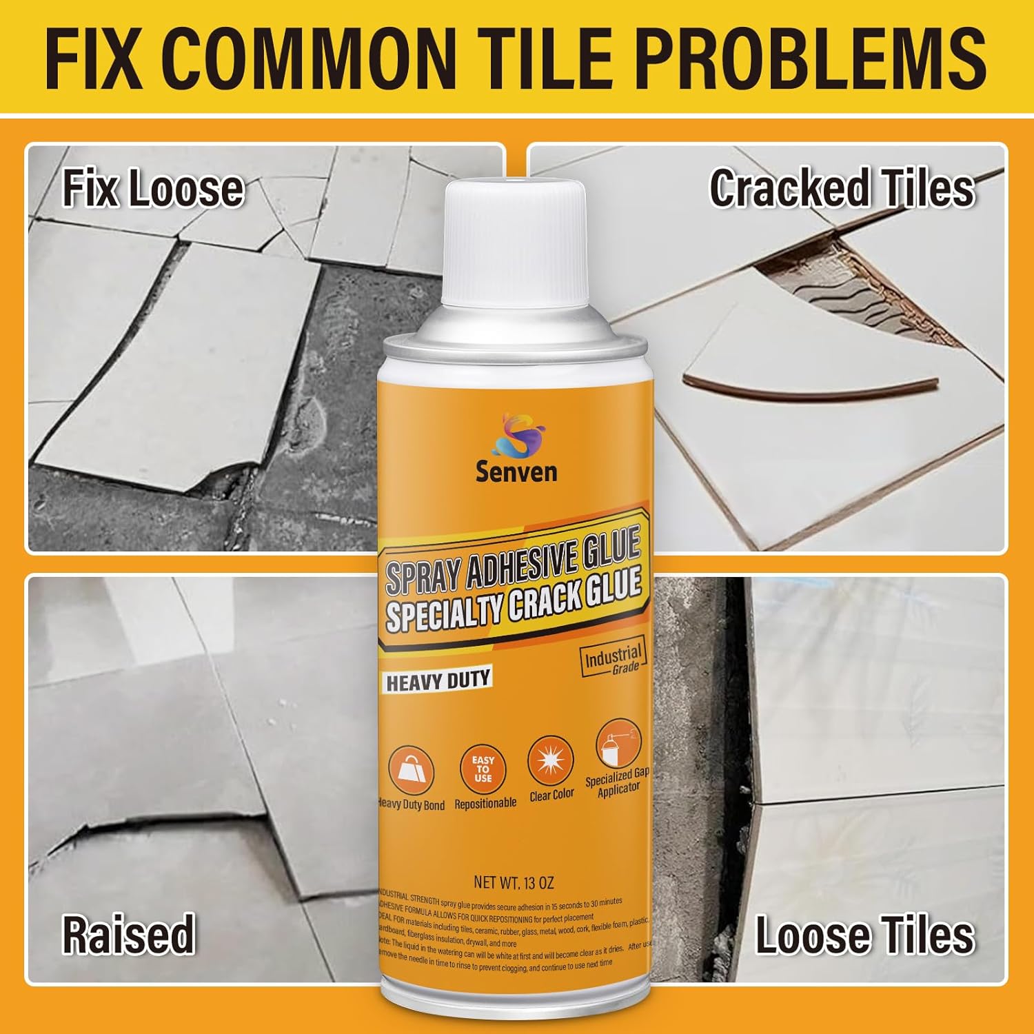 Specialty Spray Glue Tile Repair Spray Adhesive for Tiles, Ceramic, Porcelain, Ceramic Marble, Stone, Wood Floor, Metal, Fabric, Plastic, Glass, Tile Crack Gap Adhesion, Heavy Duty Fast Drying, 4Pack
