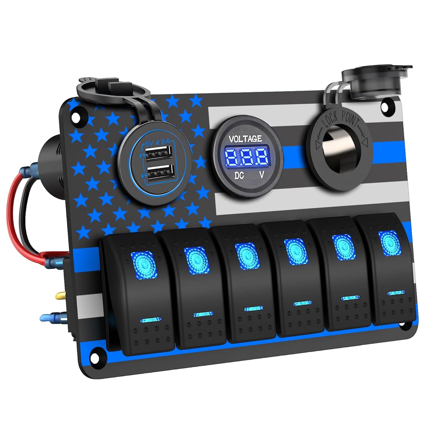 IZTOSS 6 Gang Switch Panel Waterproof Rocker Switch Panel Aluminum American Flag Design Marine Swtich Panel with Dual USB Charger, Digital Voltmeter, Power Socket for Boat Car RV