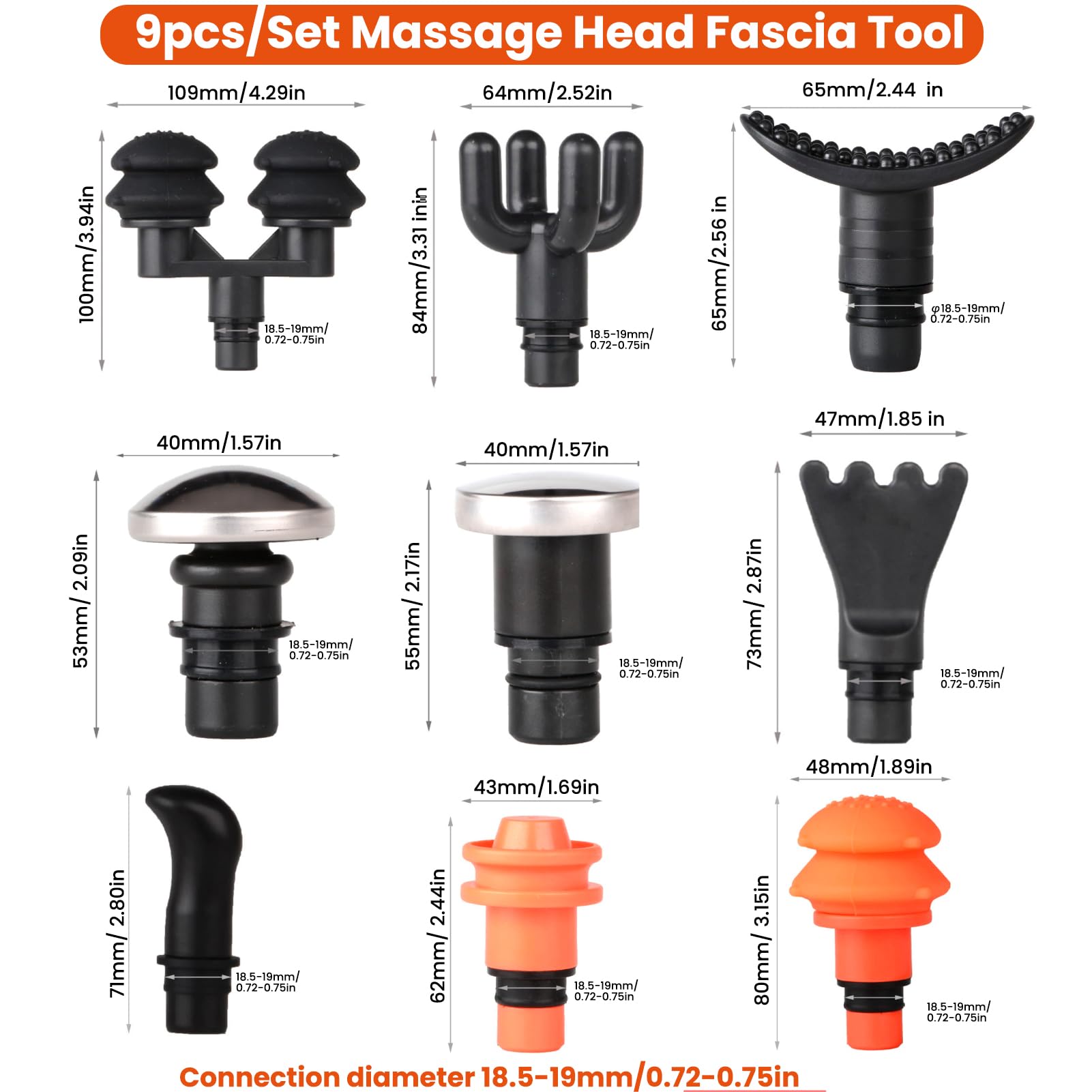 DENPETEC Massagepistolenköpfe, 9 Stück/Set, austauschbare Massagepistolen-Aufsätze, Adapter für Tiefengewebe-Muskel-Massagepistole, Plug-n-Play-Massagepistolen-Zubehör