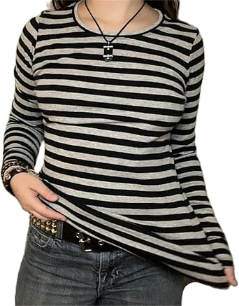 Women Y2k Striped Long Sleeve Tops Slim Fit Vintage Color Block Crewneck Knit T Shirt Aesthetic Harajuku Grunge Tops