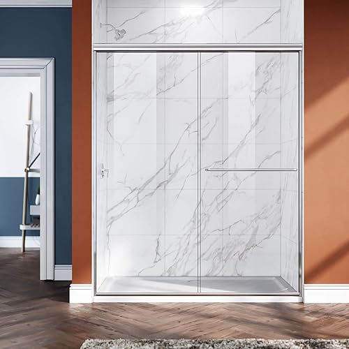 Miniatura 14 de ELEGANT Puerta corrediza para ducha semisin marco, 60 pulgadas de ancho x 72 pulgadas de alto, puerta corrediza para baño con vidrio transparente