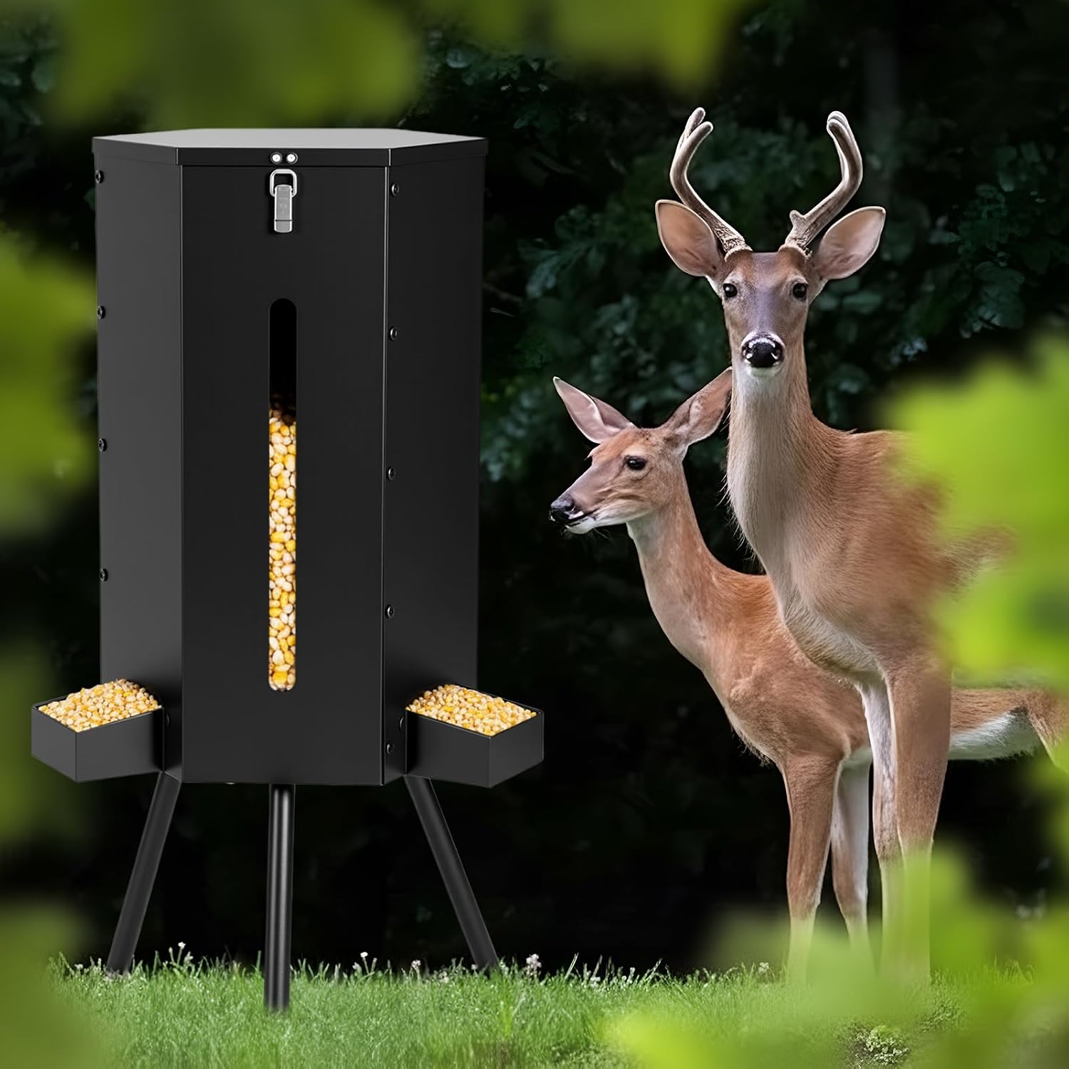 3 Patio 50-75 Lbs Large Deer Feeder with Visible Window Heavy Duty Metal Free Standing Deer Feeding Barrel Hunting Game Feeder Weatherproof Gravity Dispenser Feeds Protein and Corn