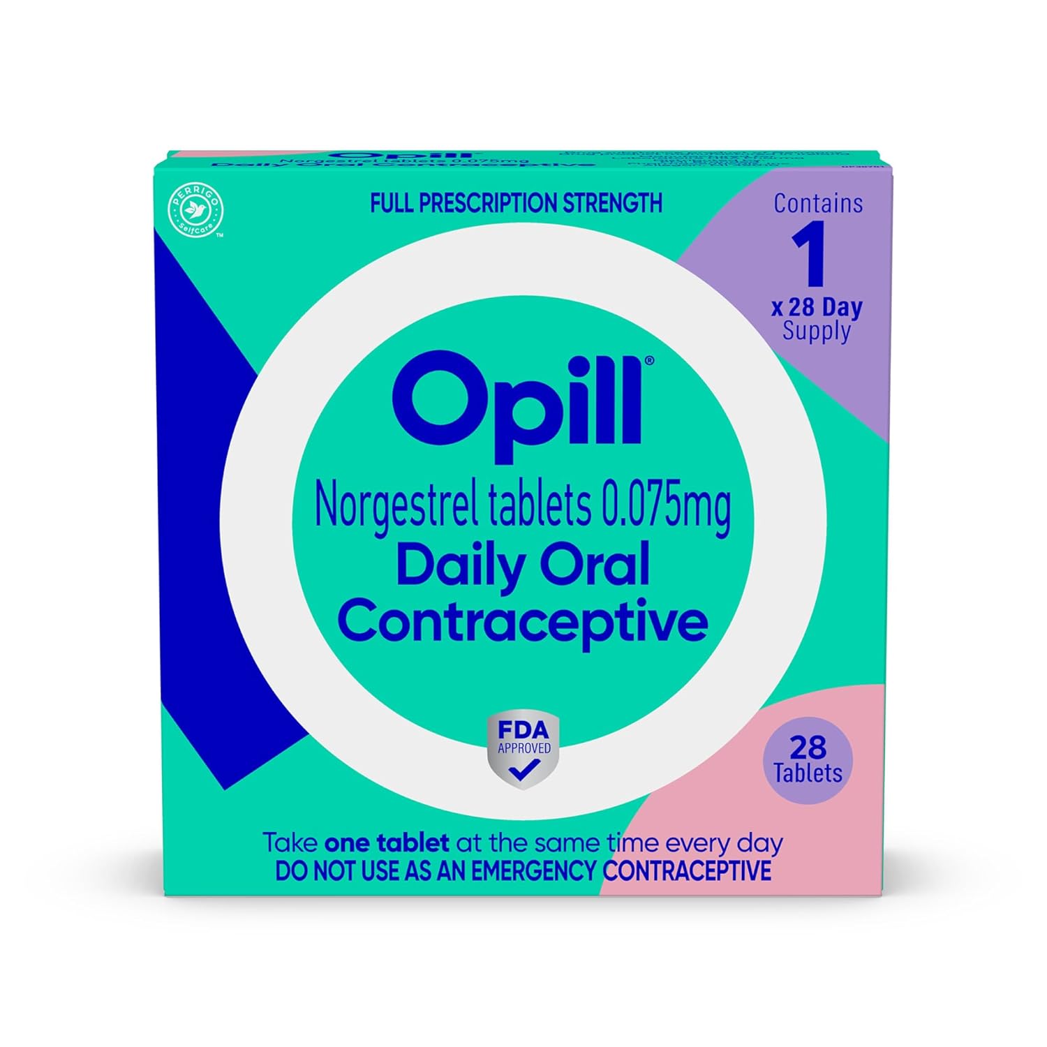 Opill Daily Birth Control Pills Over-The-Counter Progestin-Only Oral Contraceptive FDA-Approved Estrogen-Free 28 Count