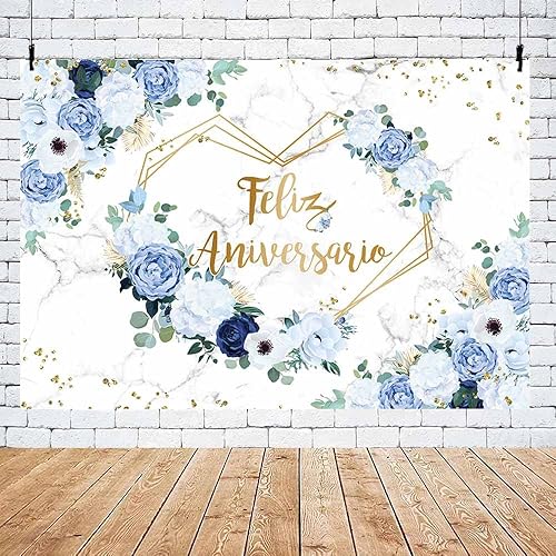 Miniatura 5 de MEHOFOND Telón de fondo de feliz aniversario de 7 x 5 pies, diseño floral azul y blanco, para boda, aniversario, fotografía, corazones, geométricos,
