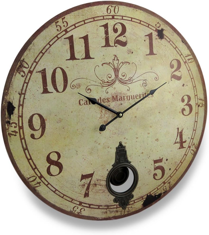 Things2Die4 Cafe De Marguerites Vintage Style Pendulum Wall Clock 23 in. Beige