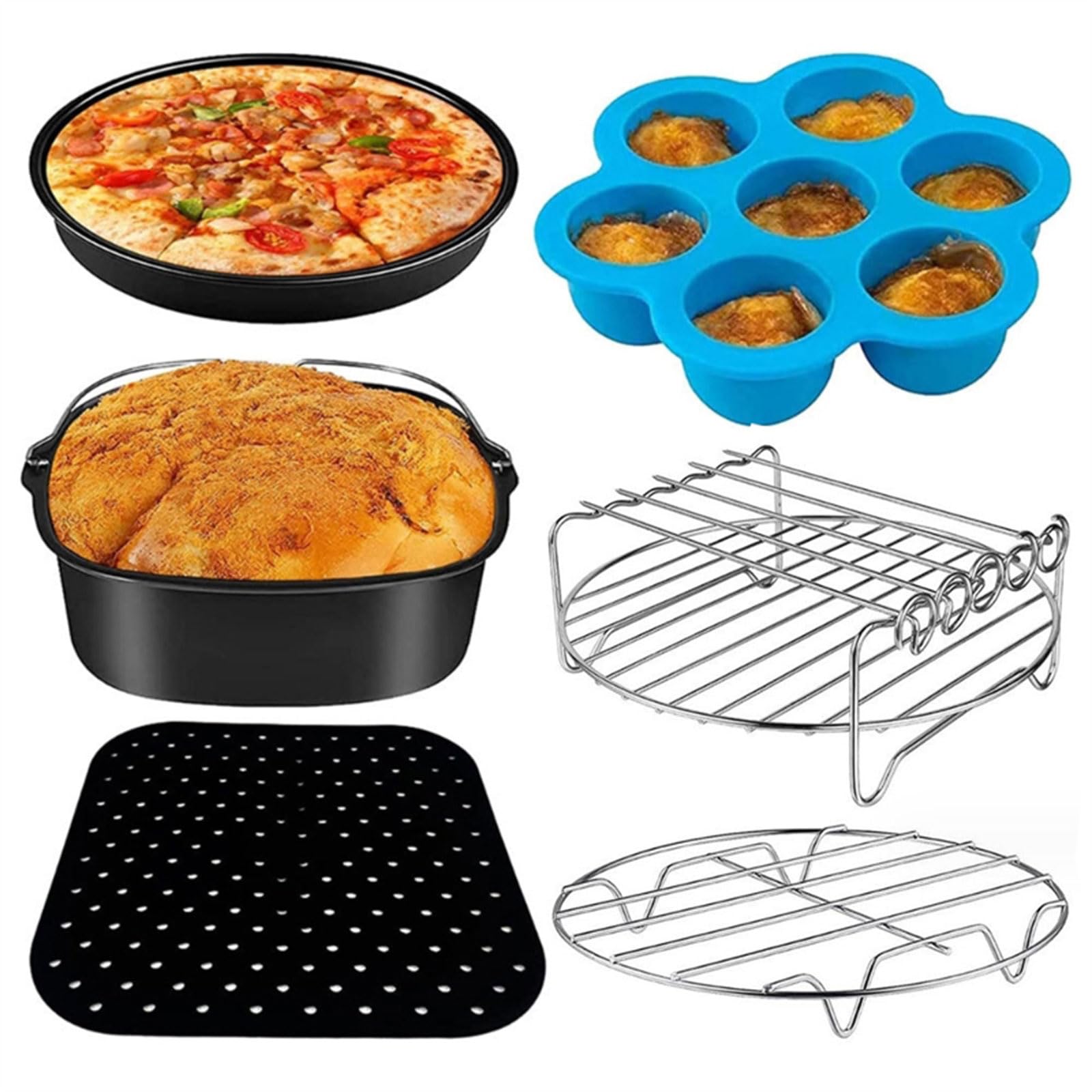 6 pz/set accessori aria in acciaio al carbonio cottura a vapore cremagliera tappetino in silicone strumento da cucina adatto per forno ad aria accessori aria torta barili pizza pan