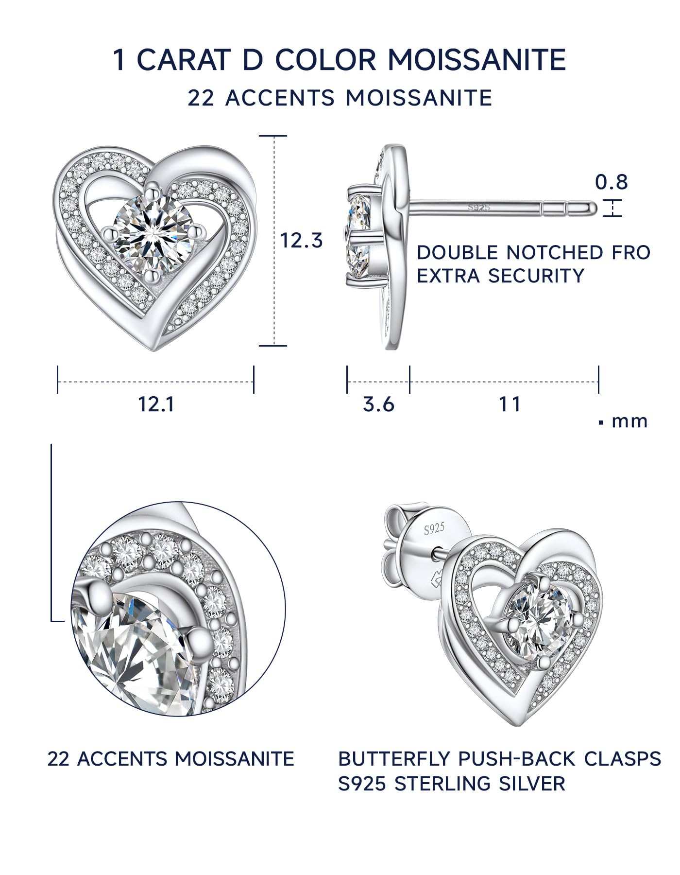 MomentWish Orecchini Moissanite Argento 925/Oro 18K/Neri, 1-2 Carati Orecchino Punto Luce Donna Uomo Bottone Anallergici Simulato Diamanti Brillanti VVS1 D Colore con Certificato GRA Regalo 5/6.5mm