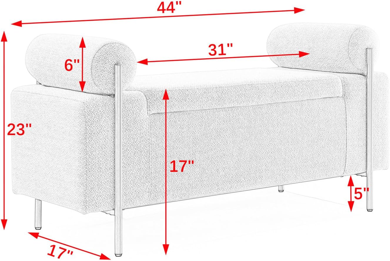 Storage Ottoman with Arms, End of Bed Bench Bedroom Bench with Metal Legs, Linen Upholstered Ottoman Foot Rest Storage Benches for Living Room, Bedroom, Entryway, Hallway, Beige