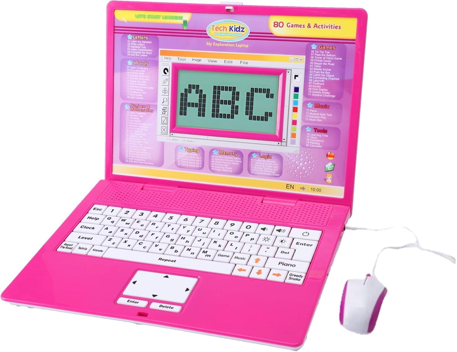 Tech Kidz - STEM Toy Computer Educational Learning Laptop, 80 Challenging Learning Activities to Learn Mathematics, Words, Logic, Typing, LCD Screen with Backlight, Mouse Included, Ages 4+ (Pink)