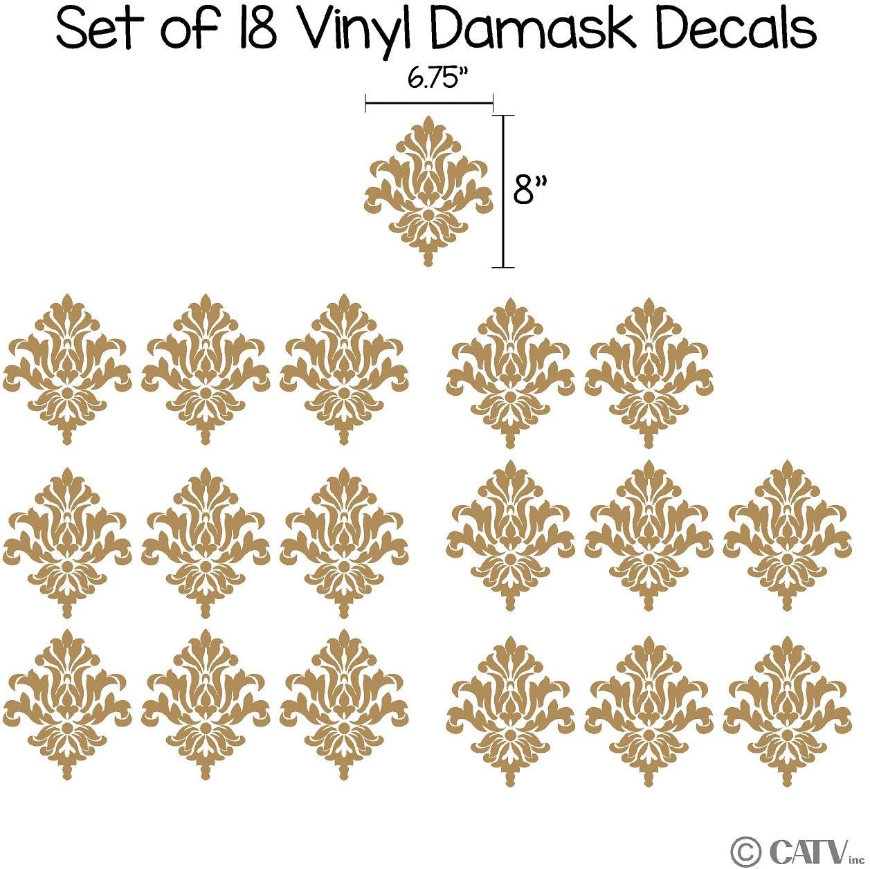 Damask set of 18 vinyl wall decal self adhesive wall pattern stickers (Gold)
