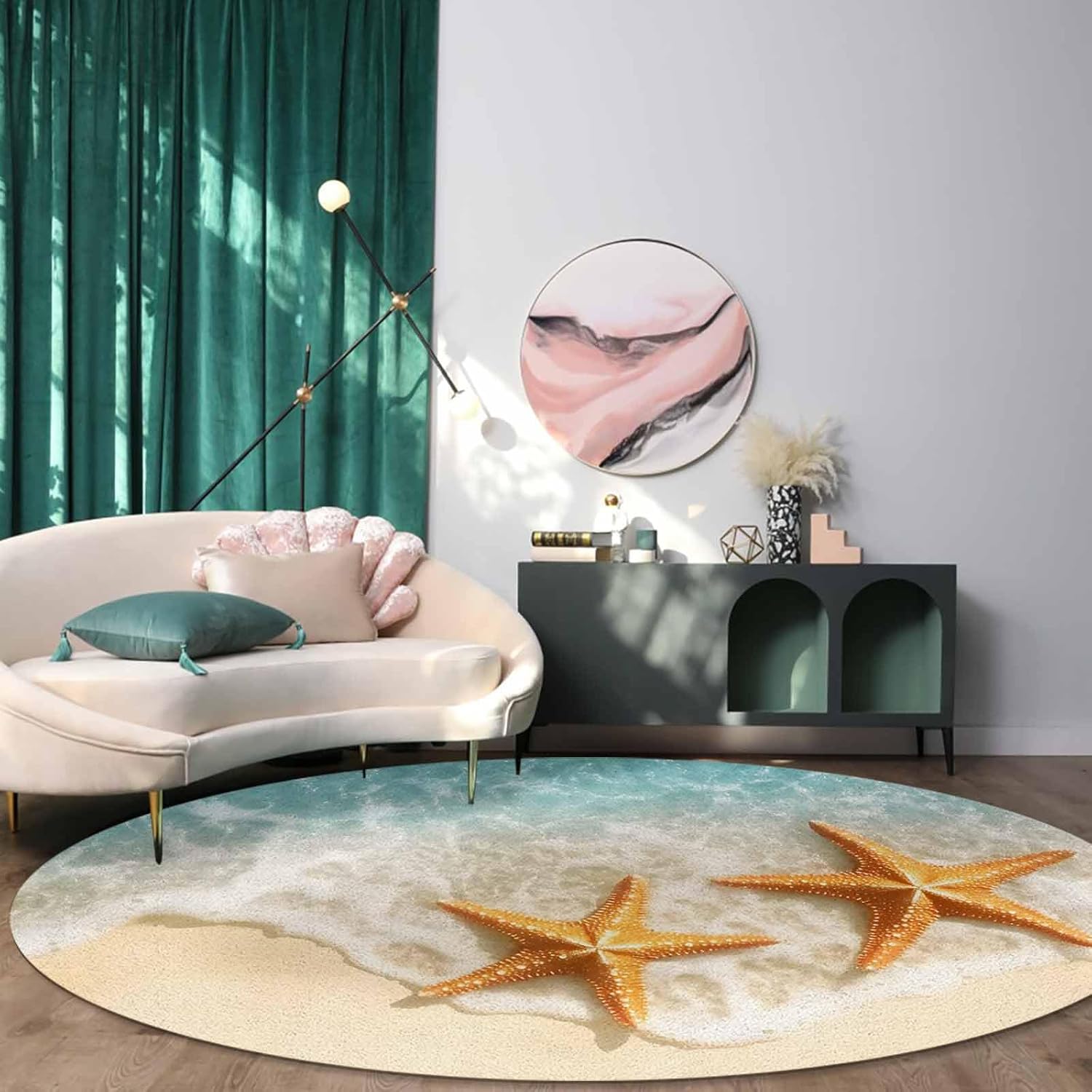 Ocean Beach Round Area Rug for Living Room 3 ft Starfish Round Circle Rugs Washable Rugs Soft Shaggy Carpet for Bedroom Nursery Room Home Decor