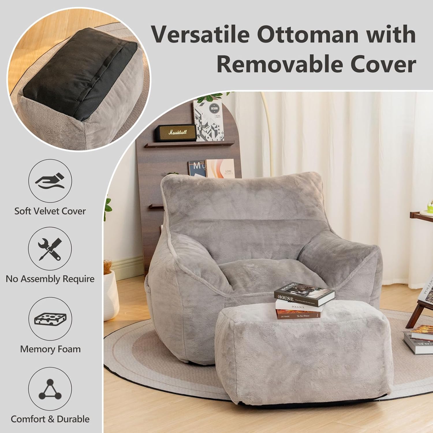 Bean Bag Chair, Bean Bag Chair with Ottoman, Big Beanbag Chair with Filling, Large Beanbag Chair with Filler for Living Room (Faux Fur in Gray, 38.15" Wx40 Dx30 H)