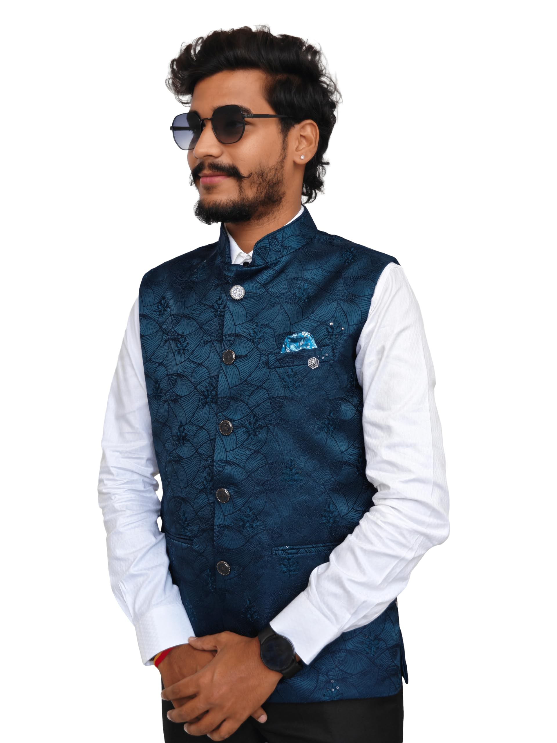 Men's Premium Jacquard Modi Jacket | Embroidered Nehru Waistcoat with Brooch & Pocket Square | Sizes 36-44-picture-35