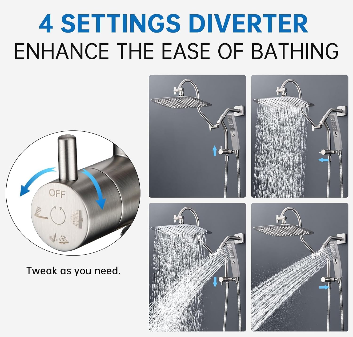 G-Promise All Metal Shower Diverter with Low Handheld Holder and 13 Inch Curved Adjustable Shower Head Extension Arm and 6-Inch Shower Arm with Flange, 3-Way Diverter Valve with Pause Mode