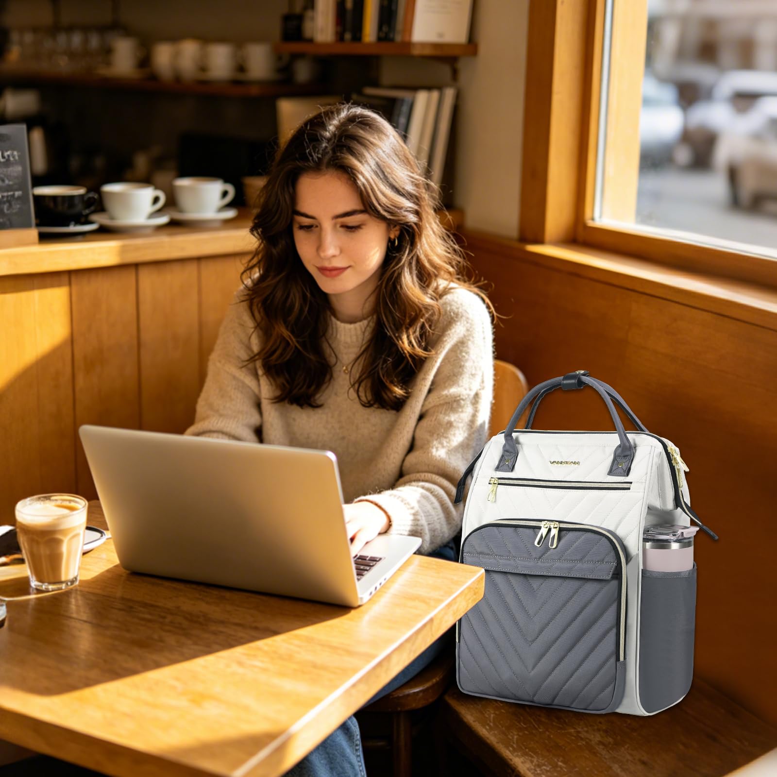 VANKEAN Plecak na laptopa dla kobiet – mężczyzn, torba robocza na komputer, duża pojemność, wodoszczelny, ze złączem USB i kieszeniami RFID, 43,2 cm (17 cali), torba nauczycielska, biznesowy plecak