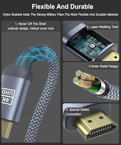 Miniatura 5 de AkoaDa Cable HDMI 4K de 15 pies, cable trenzado HDMI 2.0 de alta velocidad de 18 Gbps, 4K-60Hz HDR, Ultra HD, 2K, 1080P, ARC compatible con TV, PC,