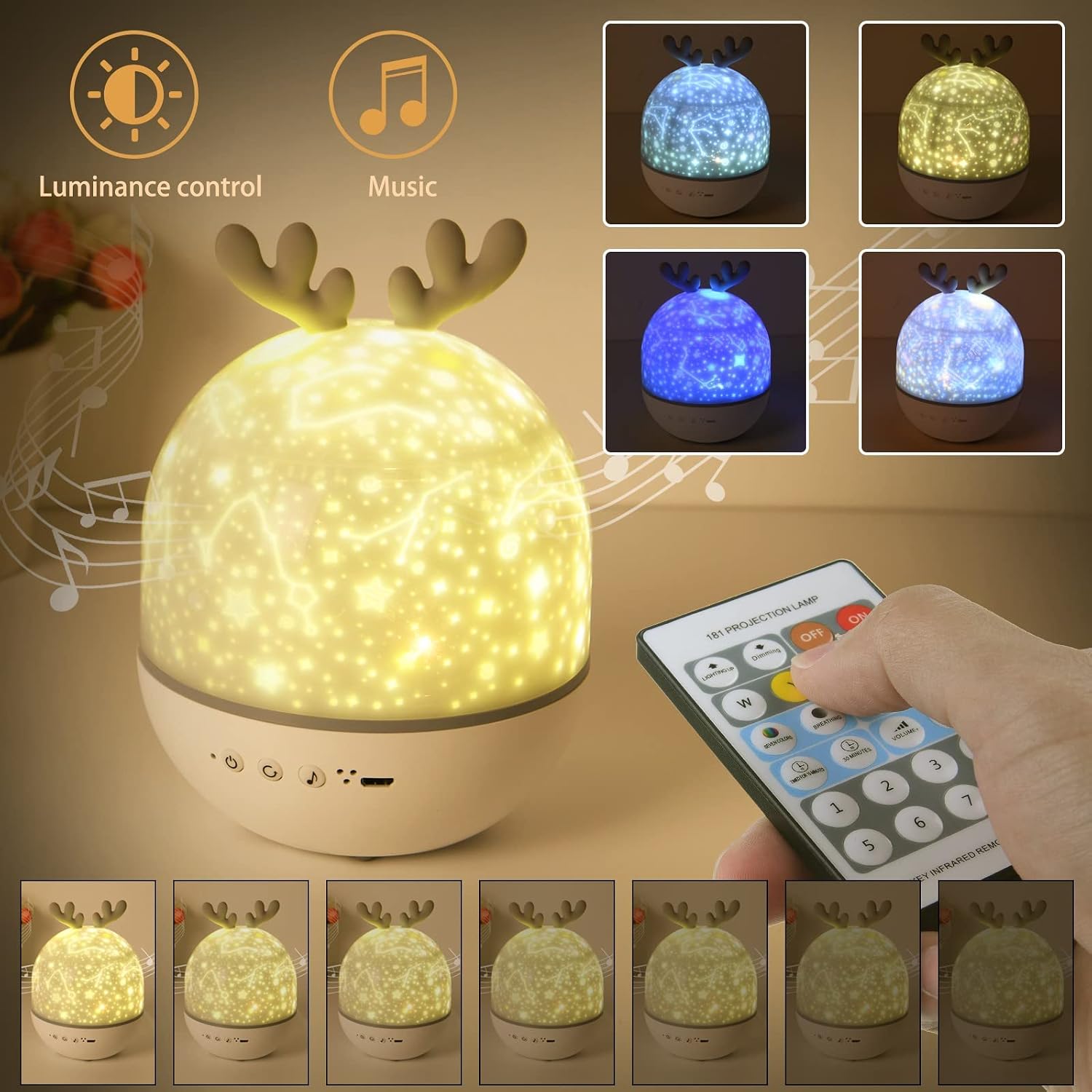 URAQT Star Projector Night Light showcasing its features: luminance control, music, various light colors, and a remote control.