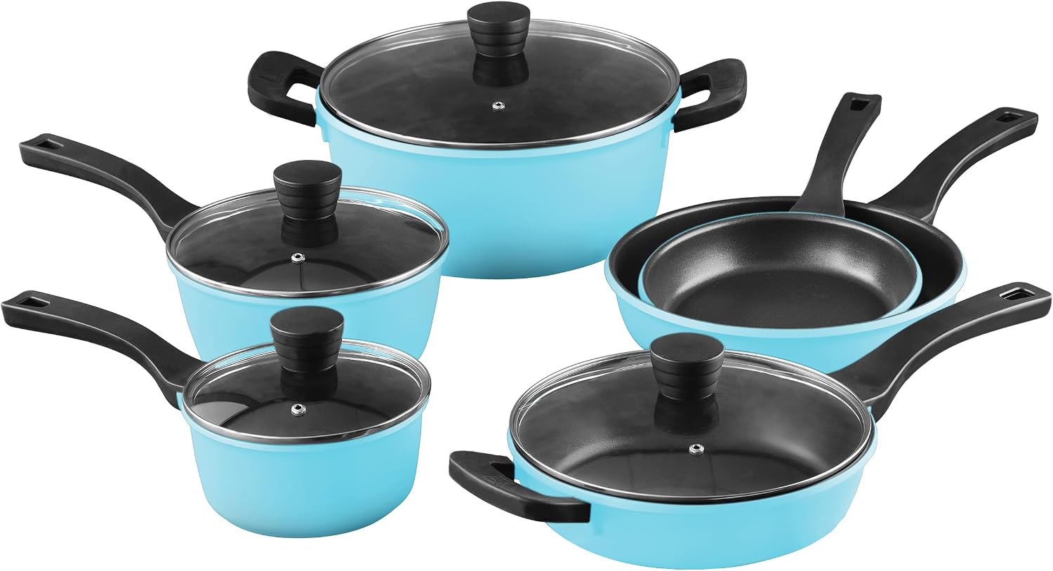 Complete Bergner Retro 10-Piece Cookware Set in blue with black handles and glass lids.