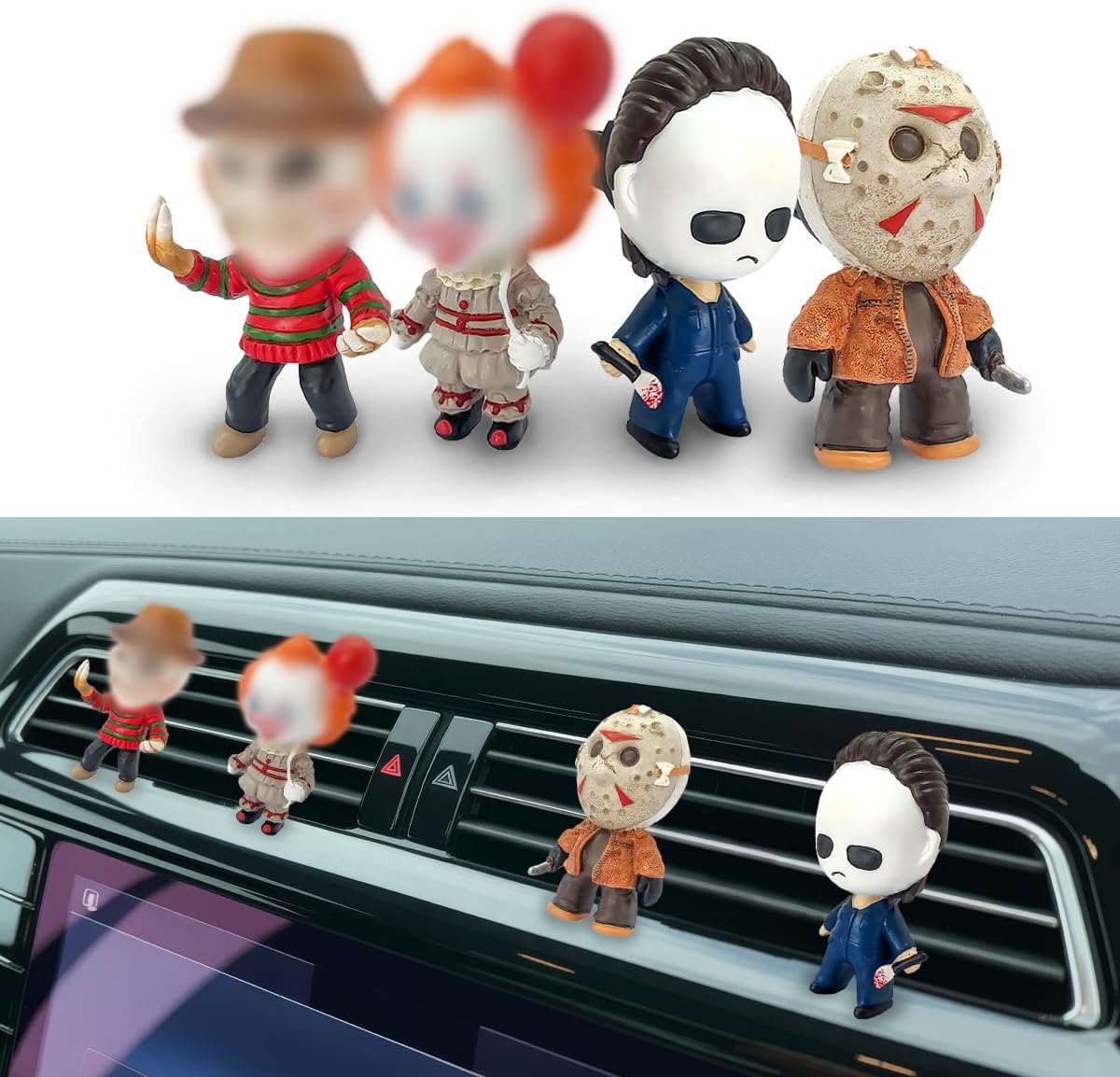 3D Resin 4 pcs Horror Car Air Freshener Vent Clip, Hand Painted Mask | Halloween Automotive Freshener Set, Evil Clown Decor, Gothic Gifts Vent Accessories for Horror Fans