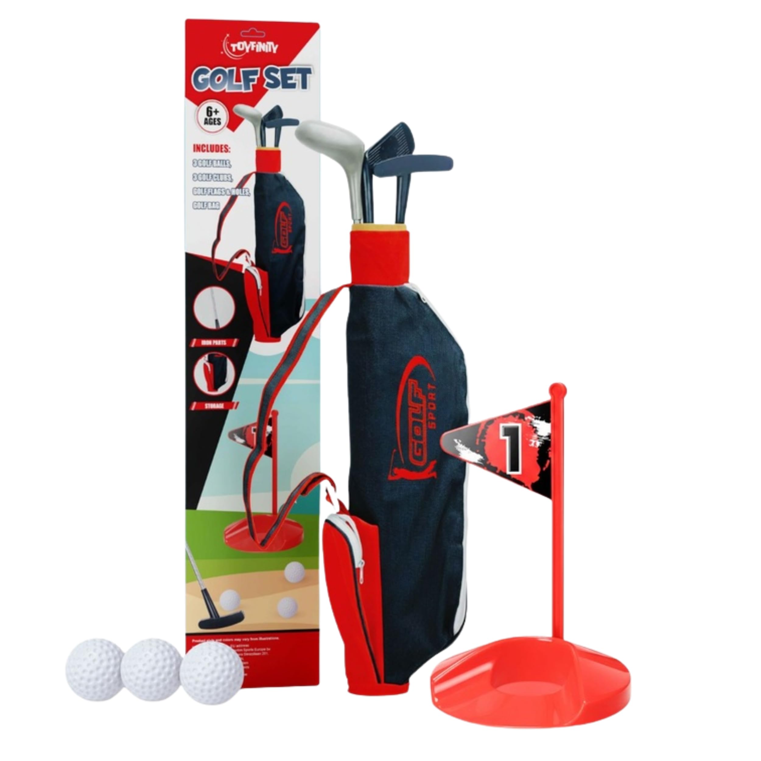 Toyfinity Junior Golf Set for Kids, 3 Clubs, 3 Balls, Flags, Holes and Carry Bag, Indoor and Outdoor Sports Toy, Home and Garden Play Set
