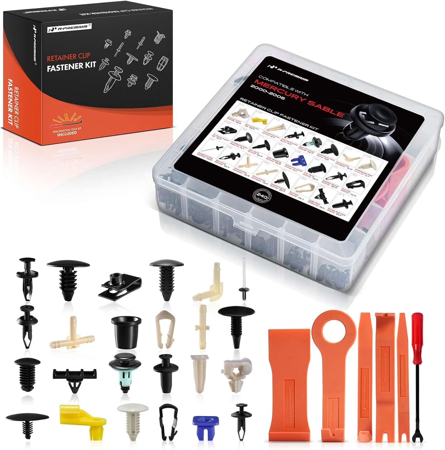 A-Premium 240 PCS 24 Sizes Car Retainer Clip Kit Compatible with Mercury Sable 2000-2005 Bumper Fender Hood Door Auto Push Pin Plastic Rivet Fastener Replacement Set, w/Removal Tool