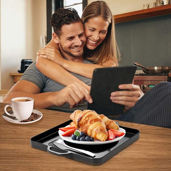 Foodservice Black Plastic Tray with Handle Set of 2 Large Melamine Cube Serving Platters for Parties, Table, Kitchen Size(12.5x12.5x1)