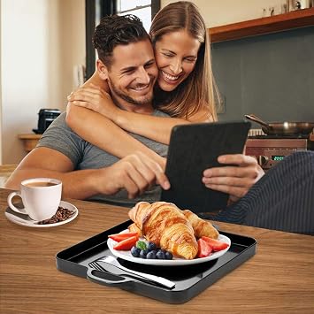 Foodservice Black Plastic Tray with Handle Set of 2 Large Melamine Cube Serving Platters for Parties, Table, Kitchen Size(12.5x12.5x1)
