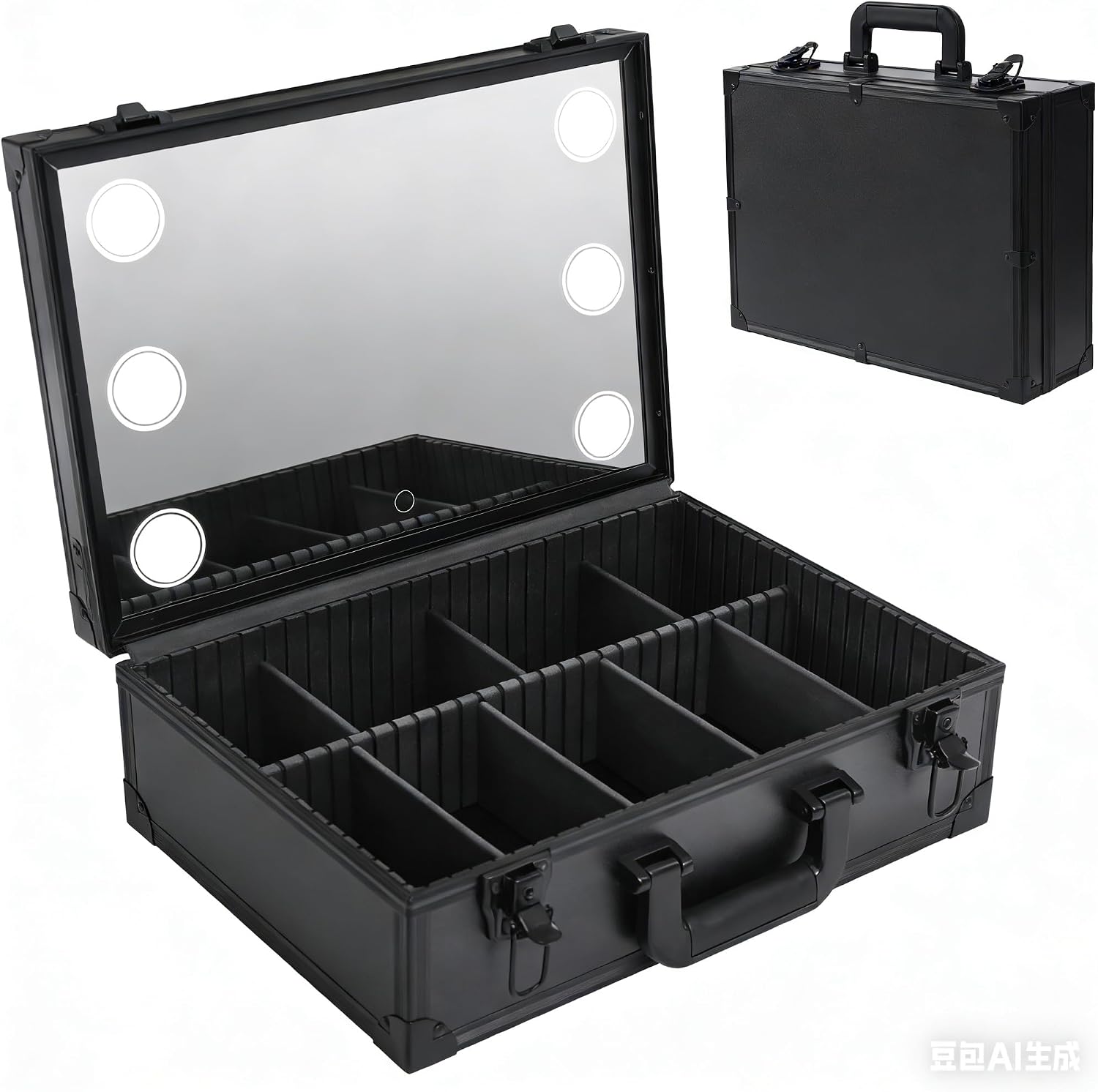 Portable Makeup Organizer,Travel Train Case,Cosmetic Storage Case with Adjustable Dividers,Makeup Train Case with Light and Mirror,Echargeable Battery (Black)