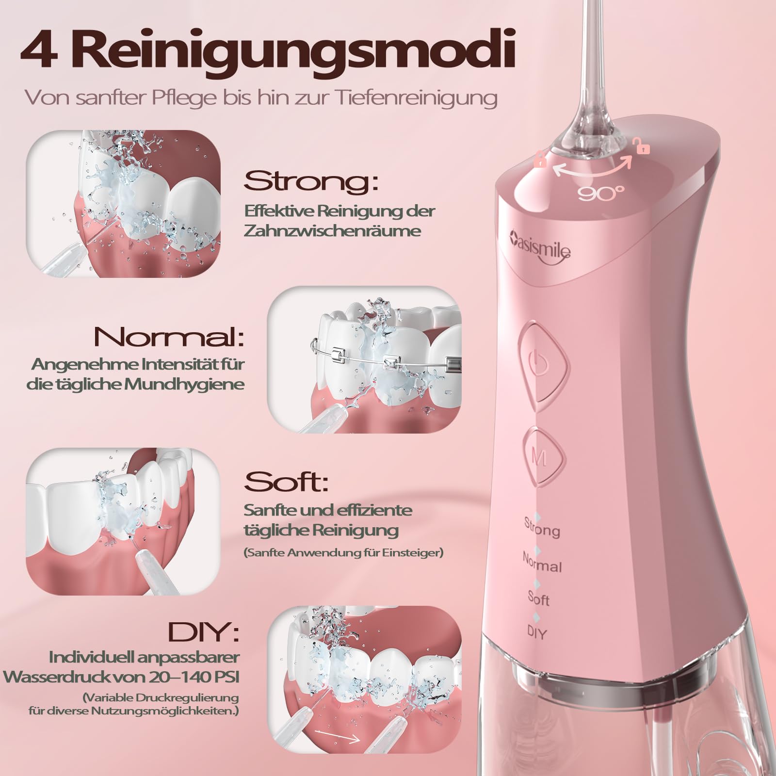 OasiSmile Kabellose Elektrische Munddusche, 4 Modi DIY Druck & 5 Düsen,Rosa