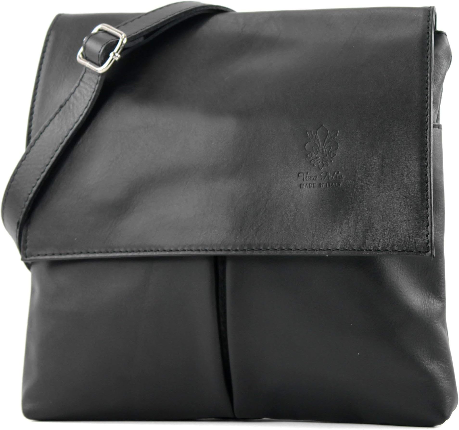 Elegant FashionsWomens Genuine Vera Pelle Double Pocket Soft Italian Leather Cross Body Shoulder Bag with Long Strap