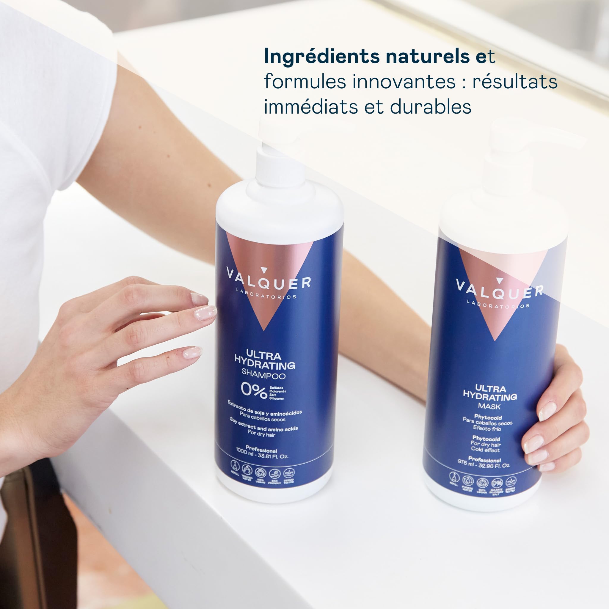 VALQUER Coffret Hydratation Intense Sans Sulfates | Shampooing 1 L et Masque 975 ml | Répare les Cheveux Secs et Abîmés | À l’Extrait de Soja | Vegan | Répare les cheveux abîmés et secs - Apporte brillance et souplesse à l'extrait de soja - Végétalien