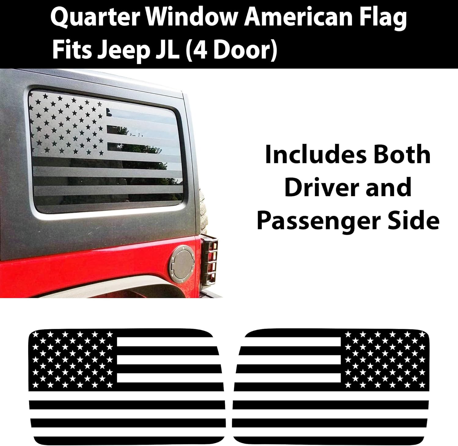 Bogar Tech Designs - Precut American Flag Vinyl Rear Side Window Decals Compatible with The 4 Door Jeep Wrangler JLU 2018-2025, Distressed Matte Black