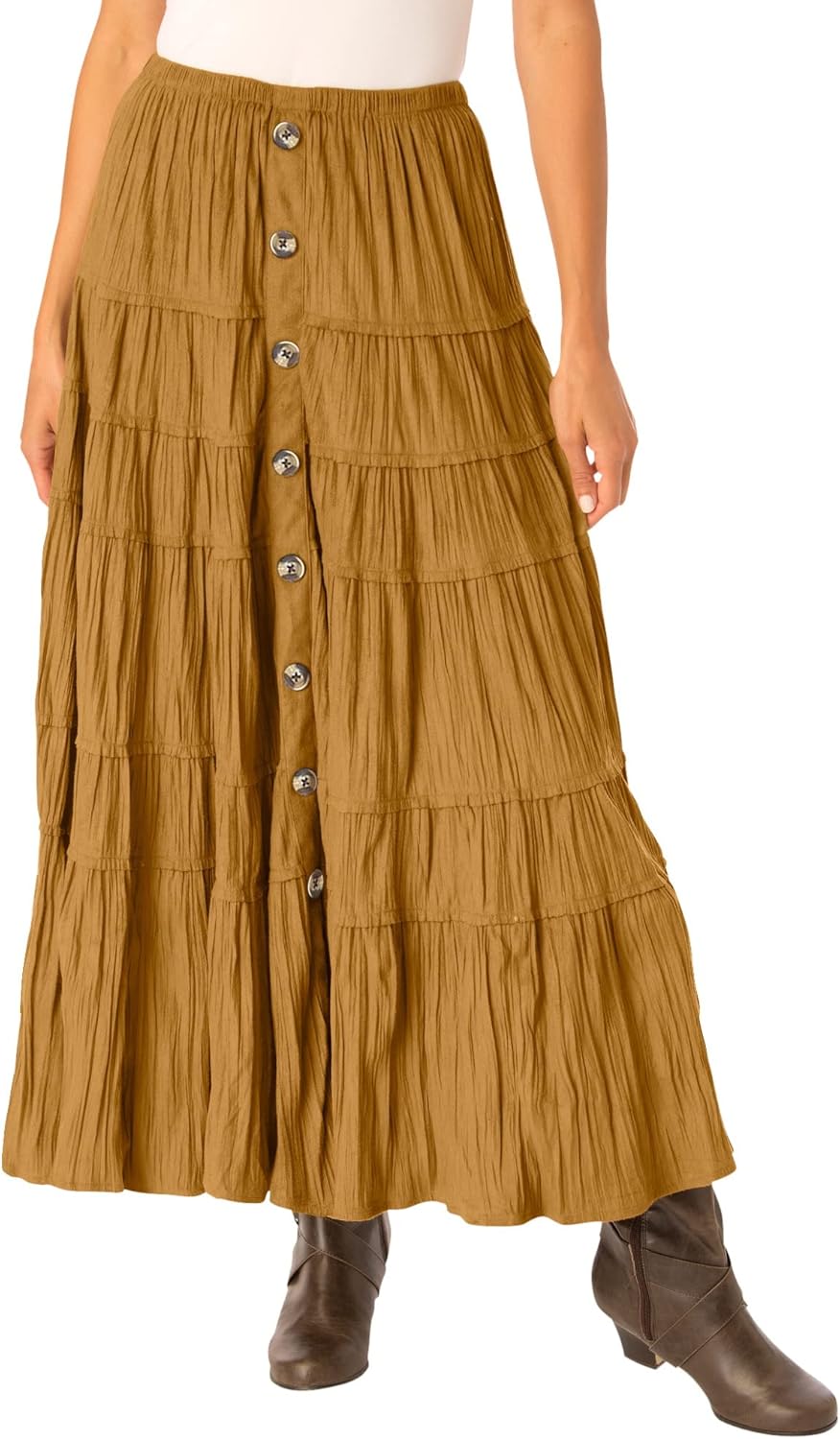 Woman Within Plus Size Button Front Moleskin Tiered Maxi Skirt (Petite Available)