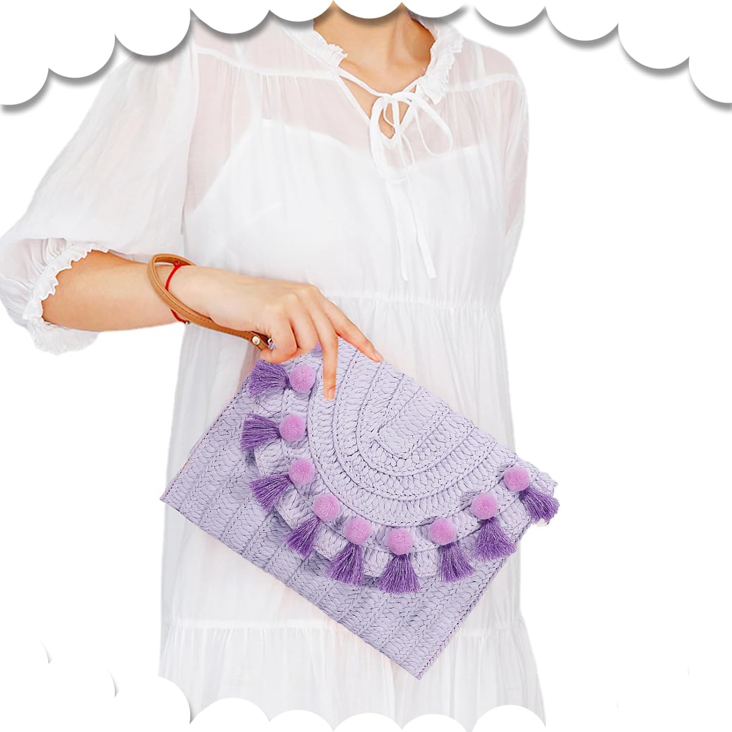 Straw Crossbody Bag for Women, Clutch Purses, Bohemian Handmade Woven Handbags, Tassels Summer Beach Bag, Envelope Wallet (Purple)