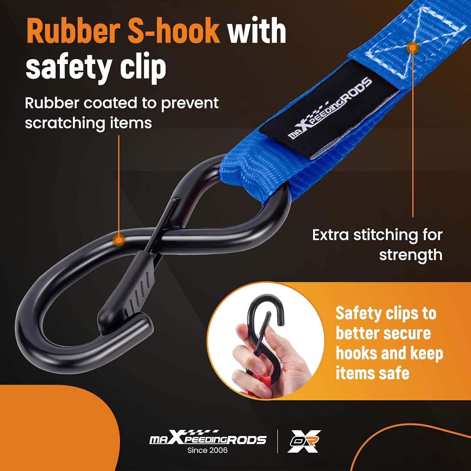 maXpeedingrods 4x 997kg Tie Down Straps 15ft (4.5m), Ratchet Straps 2200lb, Lashing Straps 25mm, Straps with safety clip S-hooks, motorcycle tie down straps, EN 12195-2 - Blue image 3