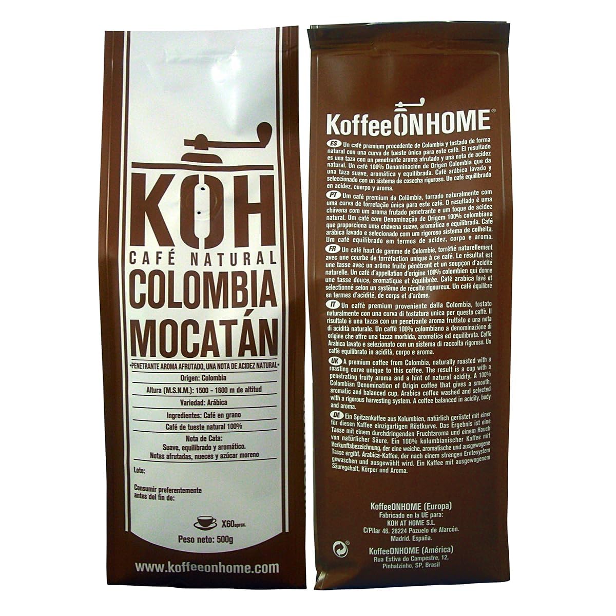 KoffeeONHOME Café en Grano 100% Arábica, Colombia Mocatán, Tueste Natural, 4 Paquetes de 500 gr - 2 Kg