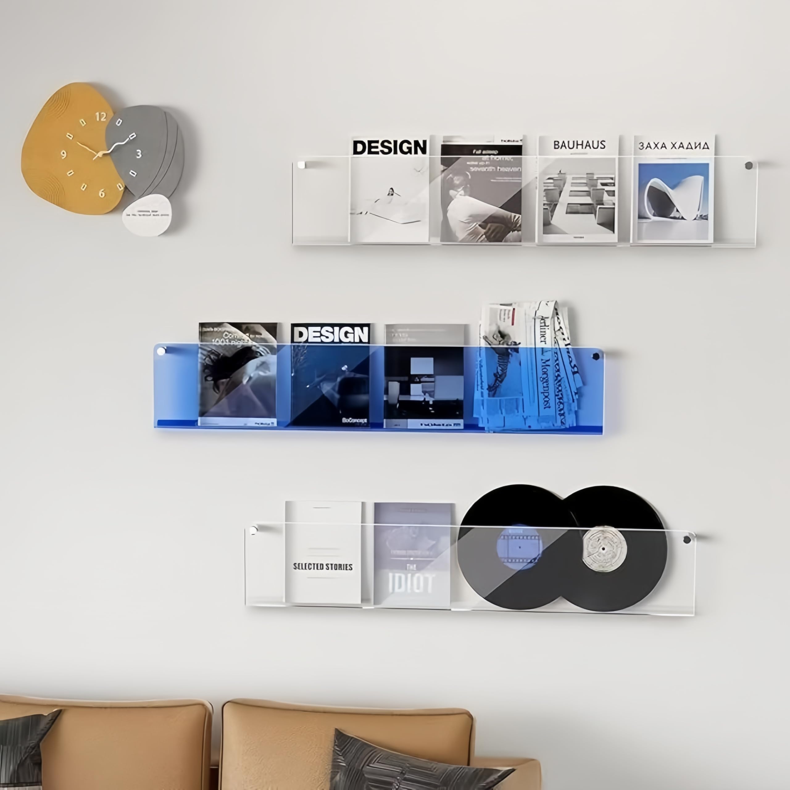 2 Stück Acryl regalZeitschriftenhalter wand,Wand-hängendes Bücherregal für die Ausstellung von Zeitschriften im Wohnzimmer-Büro mit Montagepaket (Blau, 60cm)