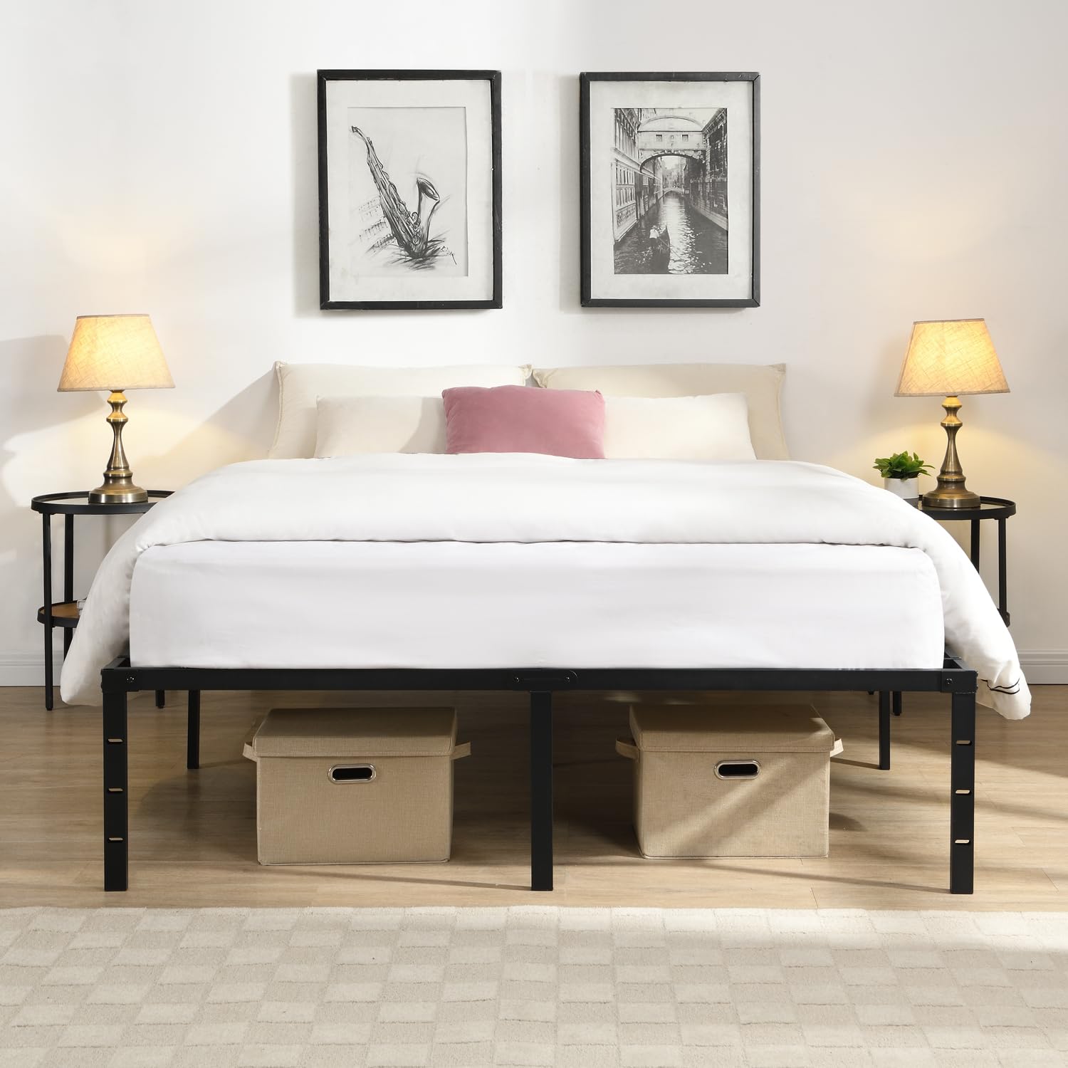 King Size Heavy Duty Metal Platform Bed with Storage Space Under Simple Bed Frame No Headboard Sturdy Slat