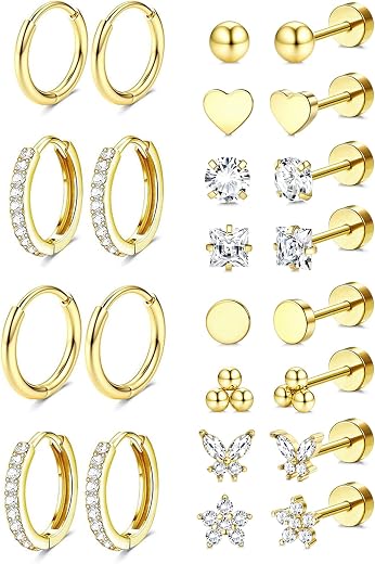 Shining Diva Fashion 12 Pairs Anti Tarnish Earrings Combo Set | 14K Gold Plated | Hypoallergenic Stainless Steel Earring f...