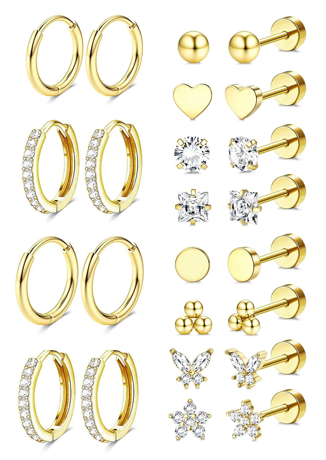 Shining Diva Fashion 12 Pairs Anti Tarnish Earrings Combo Set | 14K Gold Plated | Hypoallergenic Stainless Steel Earring f...